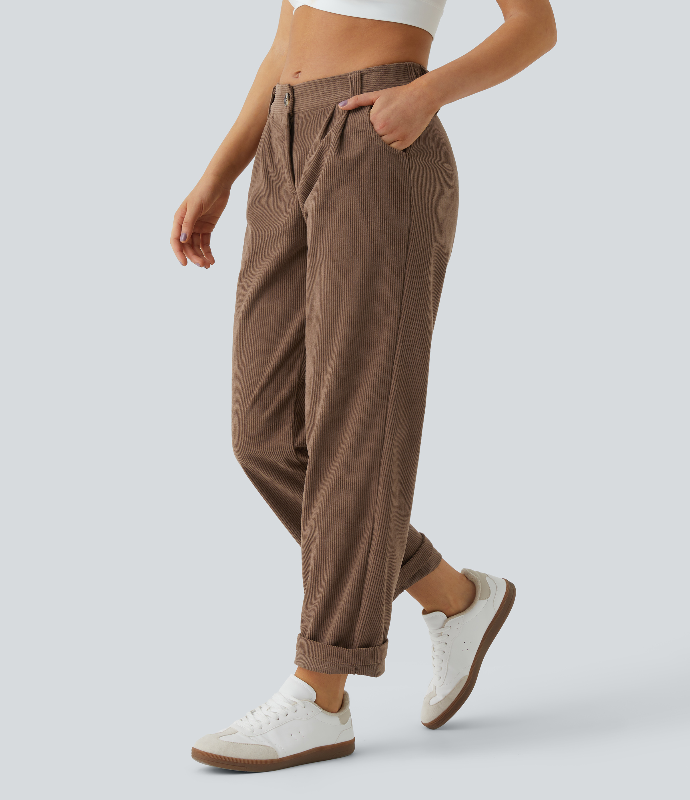 Women's Mid Rise Zipper Pocket Corduroy Casual Pants - Halara
