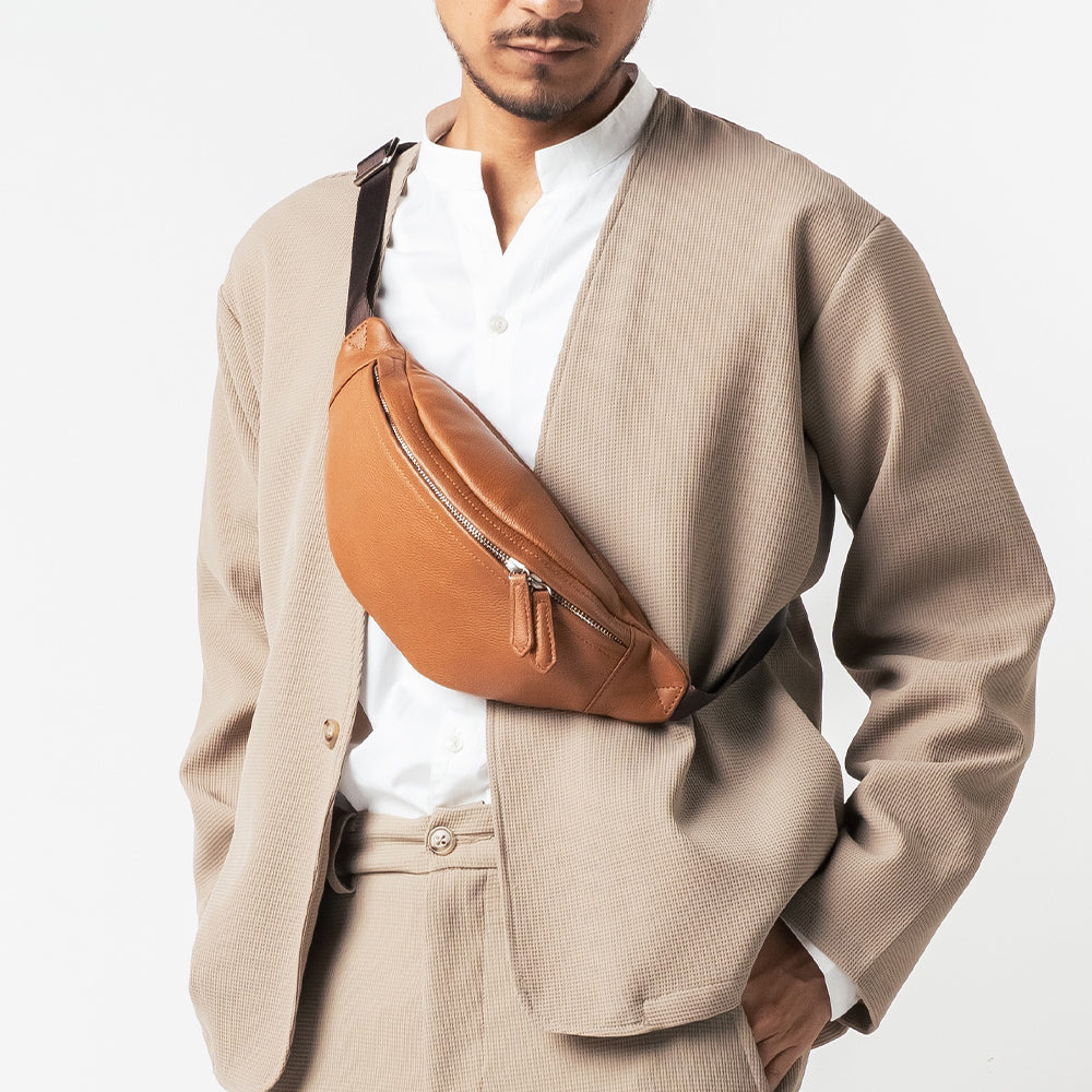 牛革シュリンクレザー YKKファスナー ボディバッグ ウエストポーチ