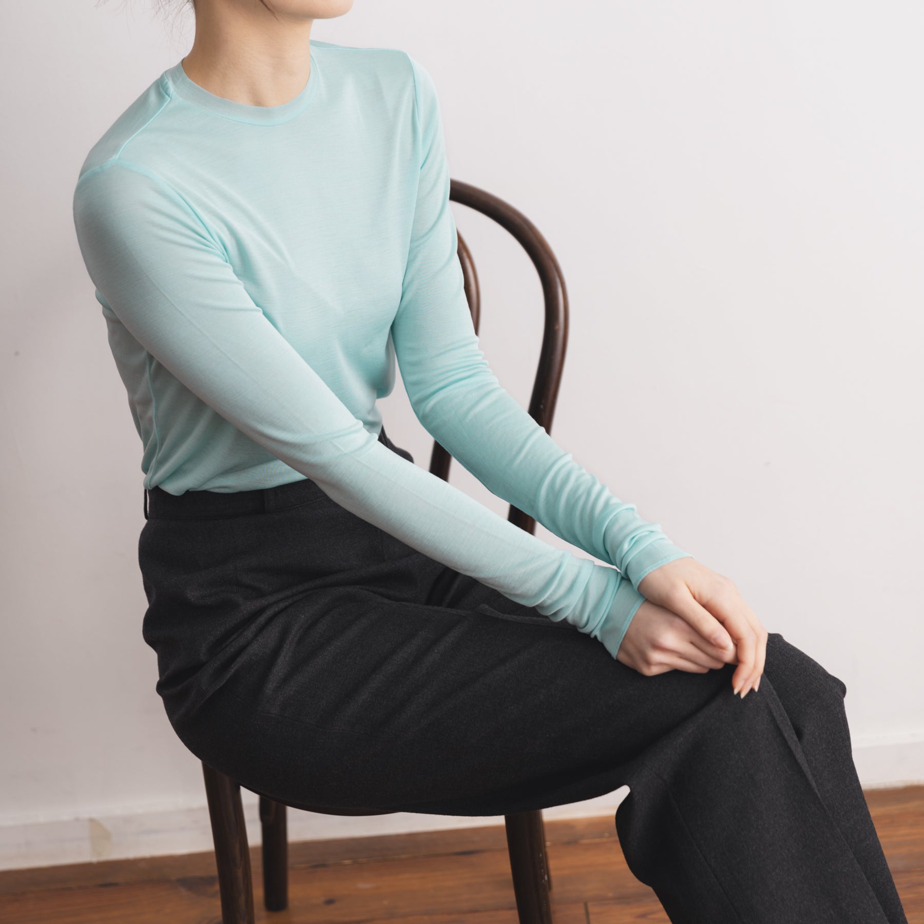 シルク100%クルーネックロングスリーブ, ミント／ロンT・カットソー・丸首