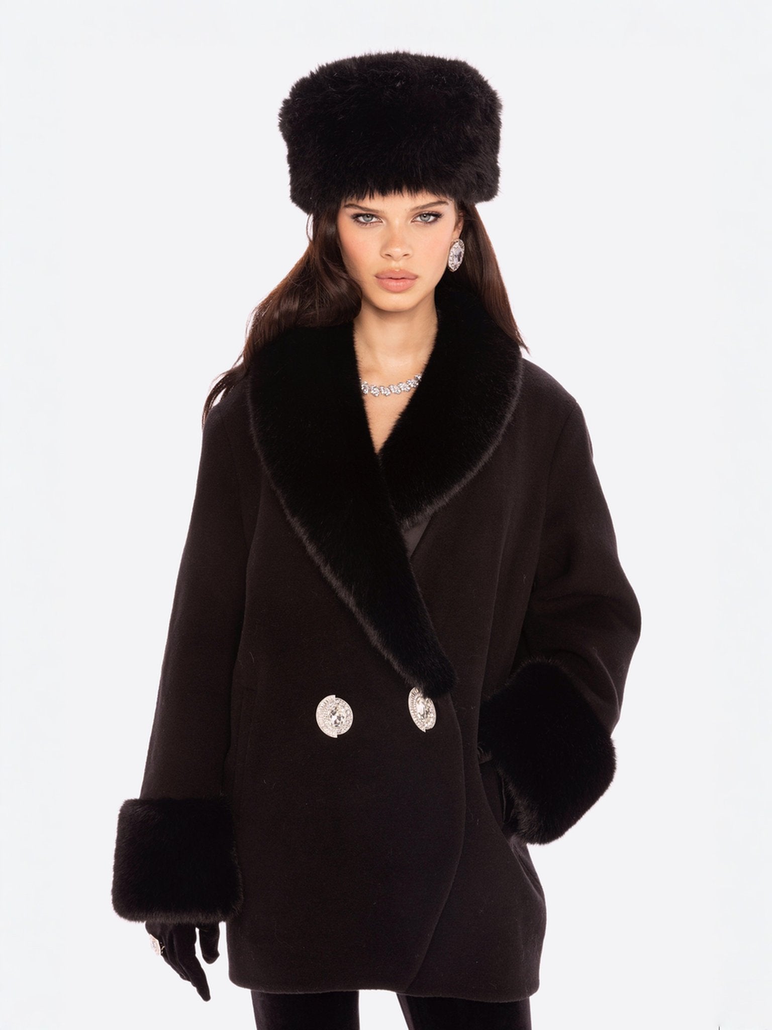 Althea Faux Fur Collar Cocoon Coat (Black) | Designer Women's Fur