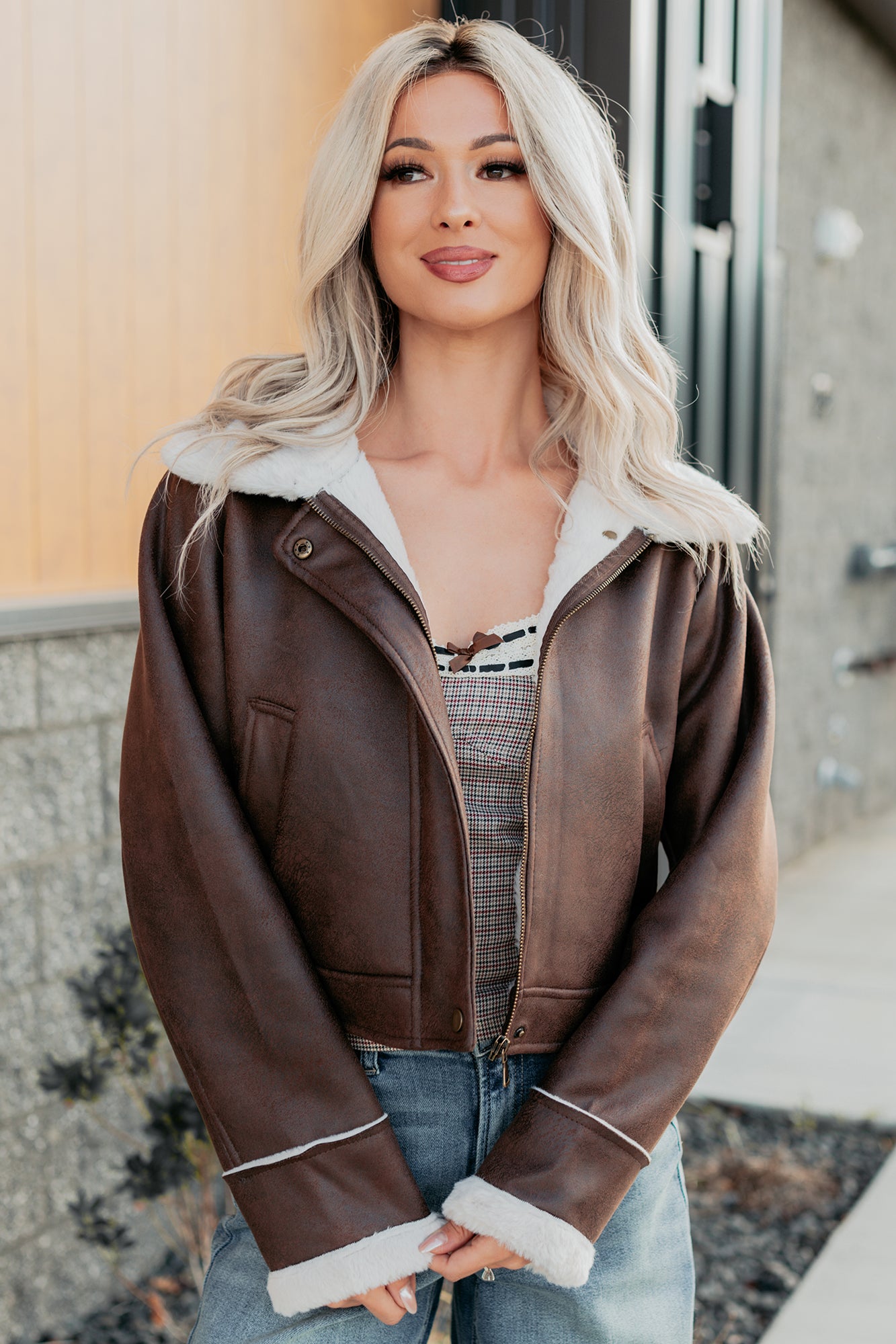 After Dark Faux Suede Fur Lined Jacket (Brown) · NanaMacs