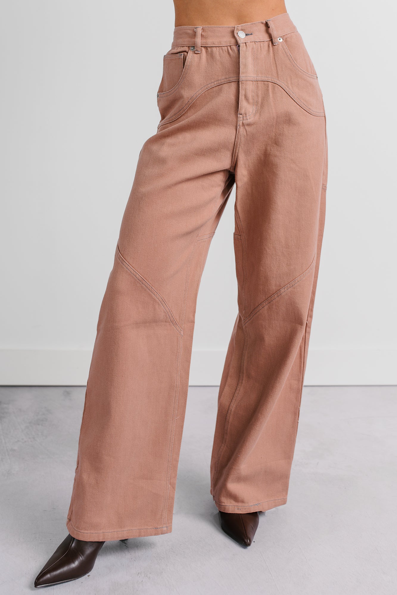 Perseus Seam Detailed Wide Leg Jeans (Terracotta) · NanaMacs