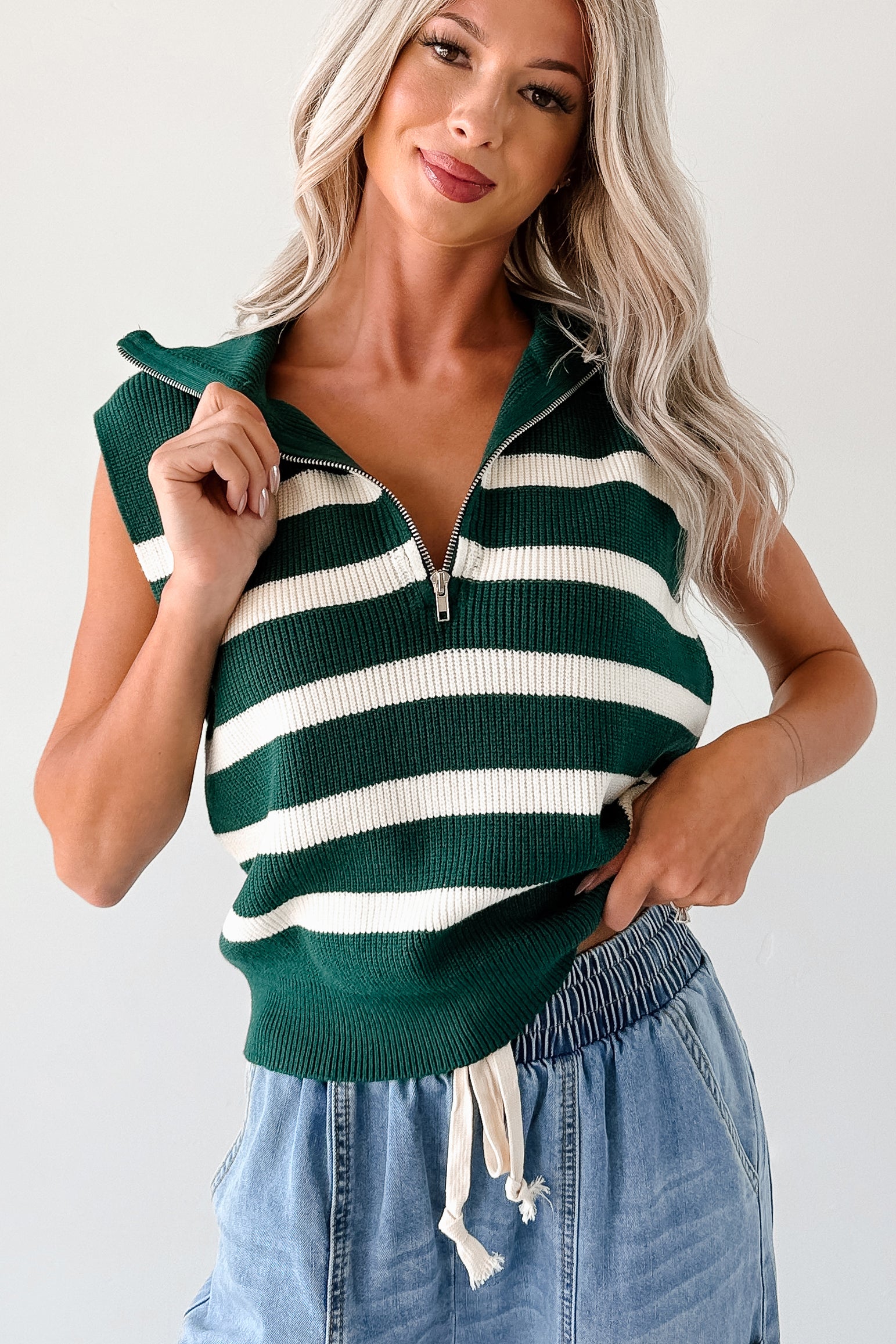 Daily Joys Striped Half-Zip Sweater Vest (Green/Cream) · NanaMacs