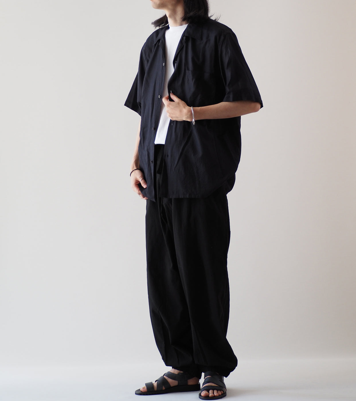 COMOLI ウールシルク 半袖 オープン カラーシャツ , Navy – Navyblue