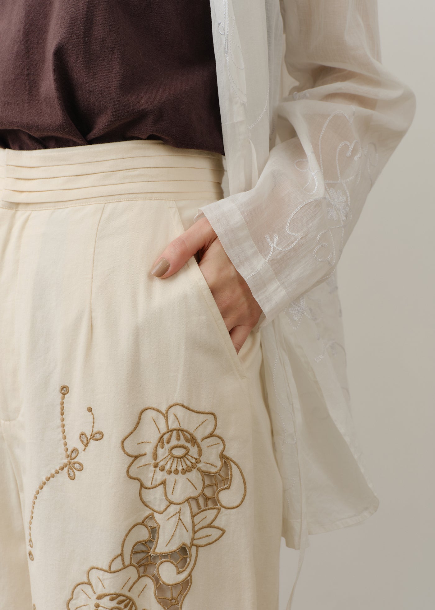 Cotton Twill Cut Work Wide Pants | Pasand by ne Quittez pas