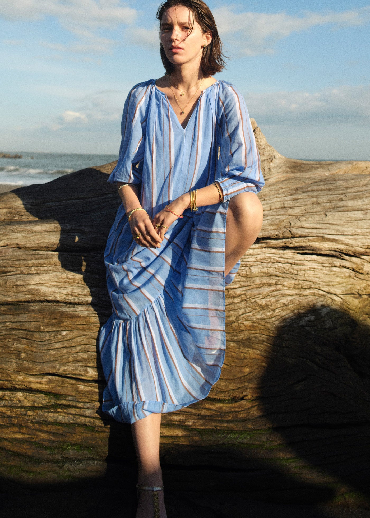 Cotton Voile Stripe Gather Neck Dress | Pasand by ne Quittez pas