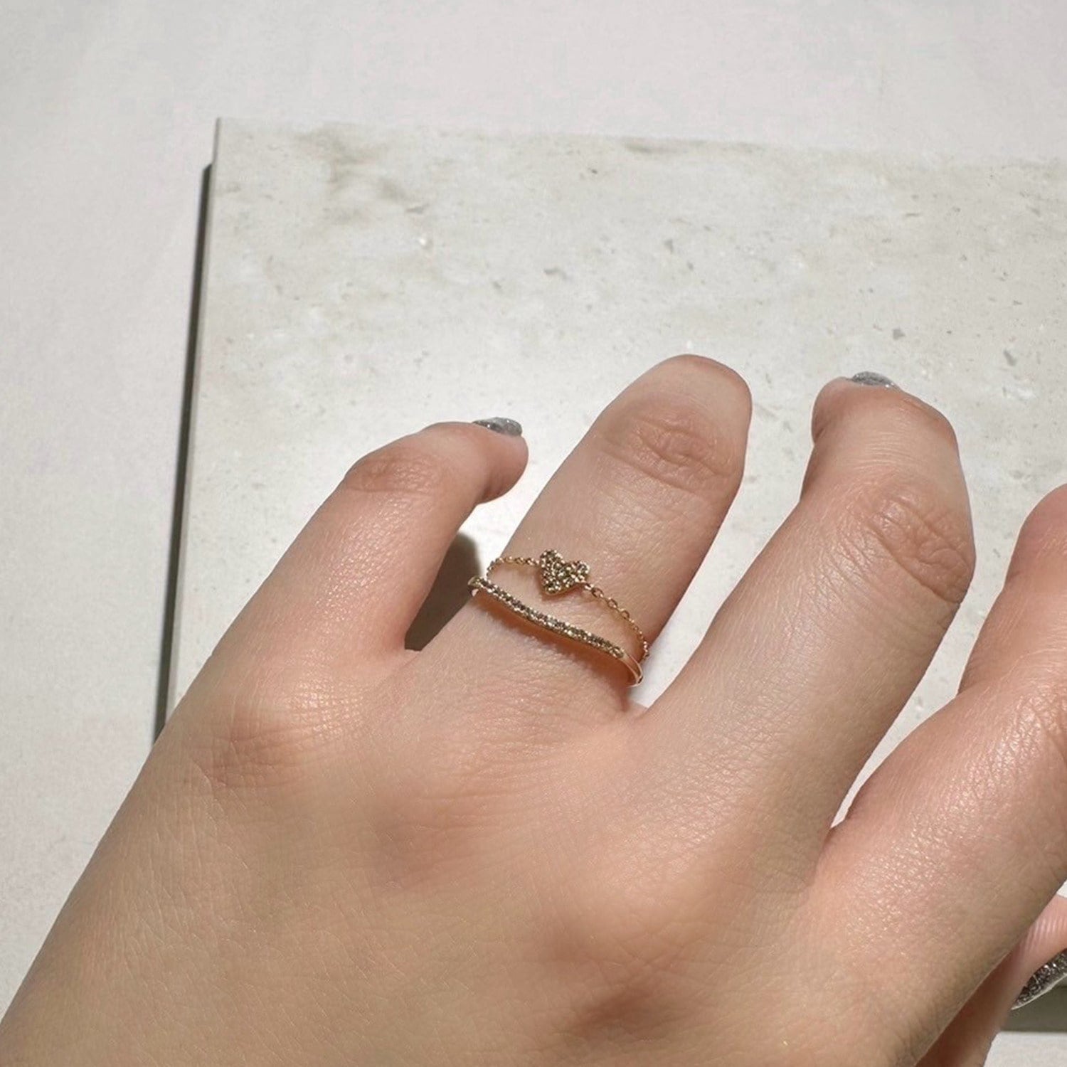 Tiny Motif】K10ダイヤモンドハートチェーンリング（0.03ct）｜リング