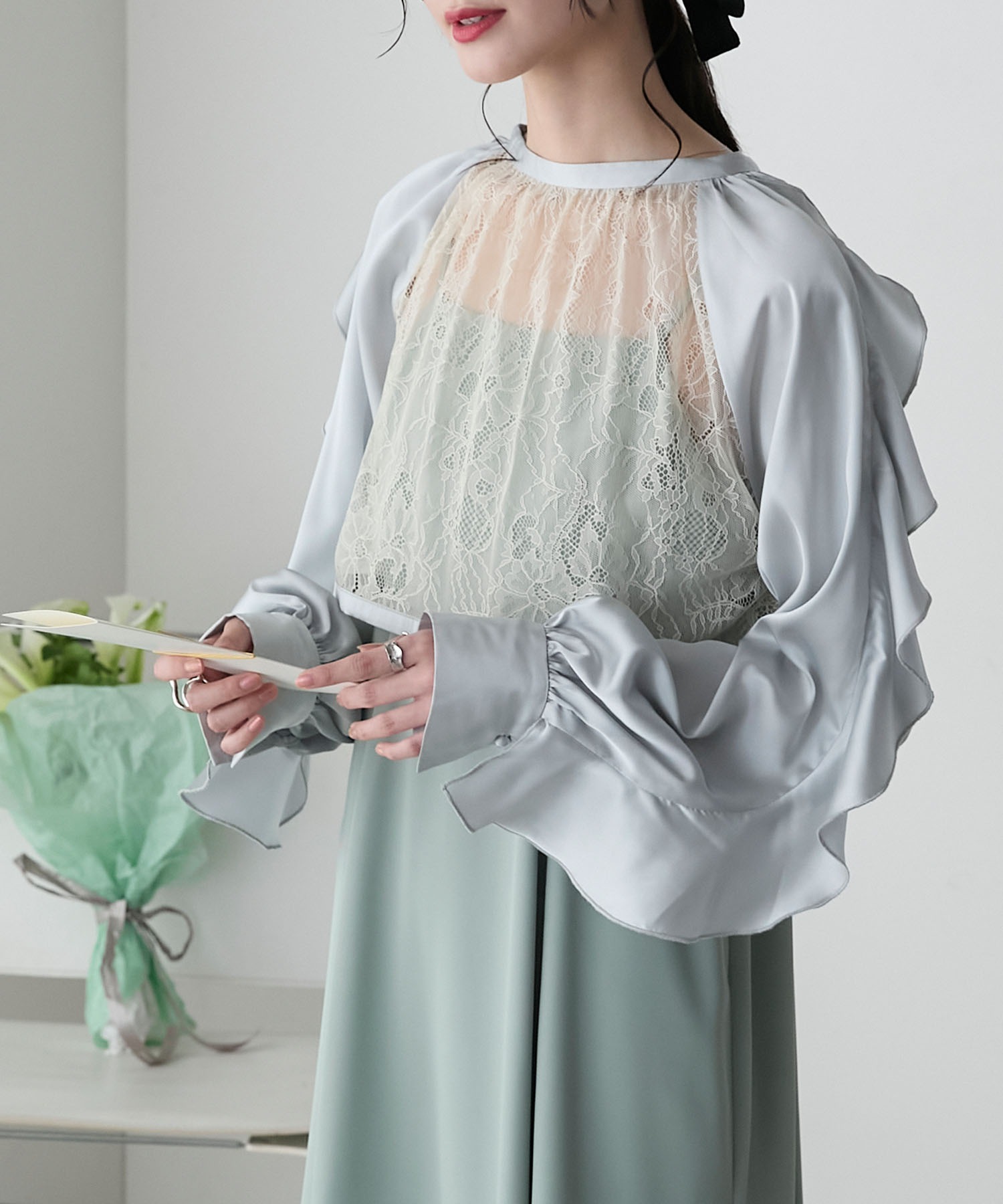 forksy.】【オケージョン対応】レース切り替え袖フリルボレロ&キャミ