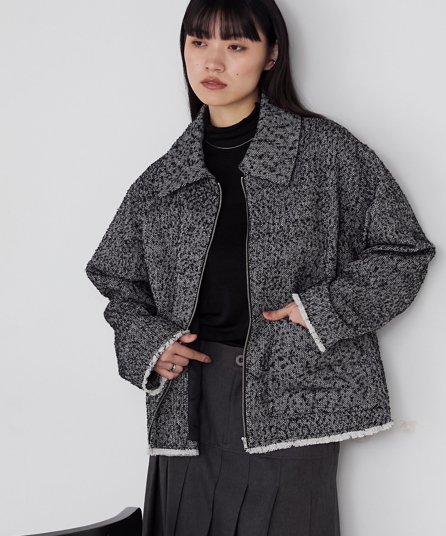 forksy.】ヘリンボーンフリンジ衿付きファスナージャケット forksy