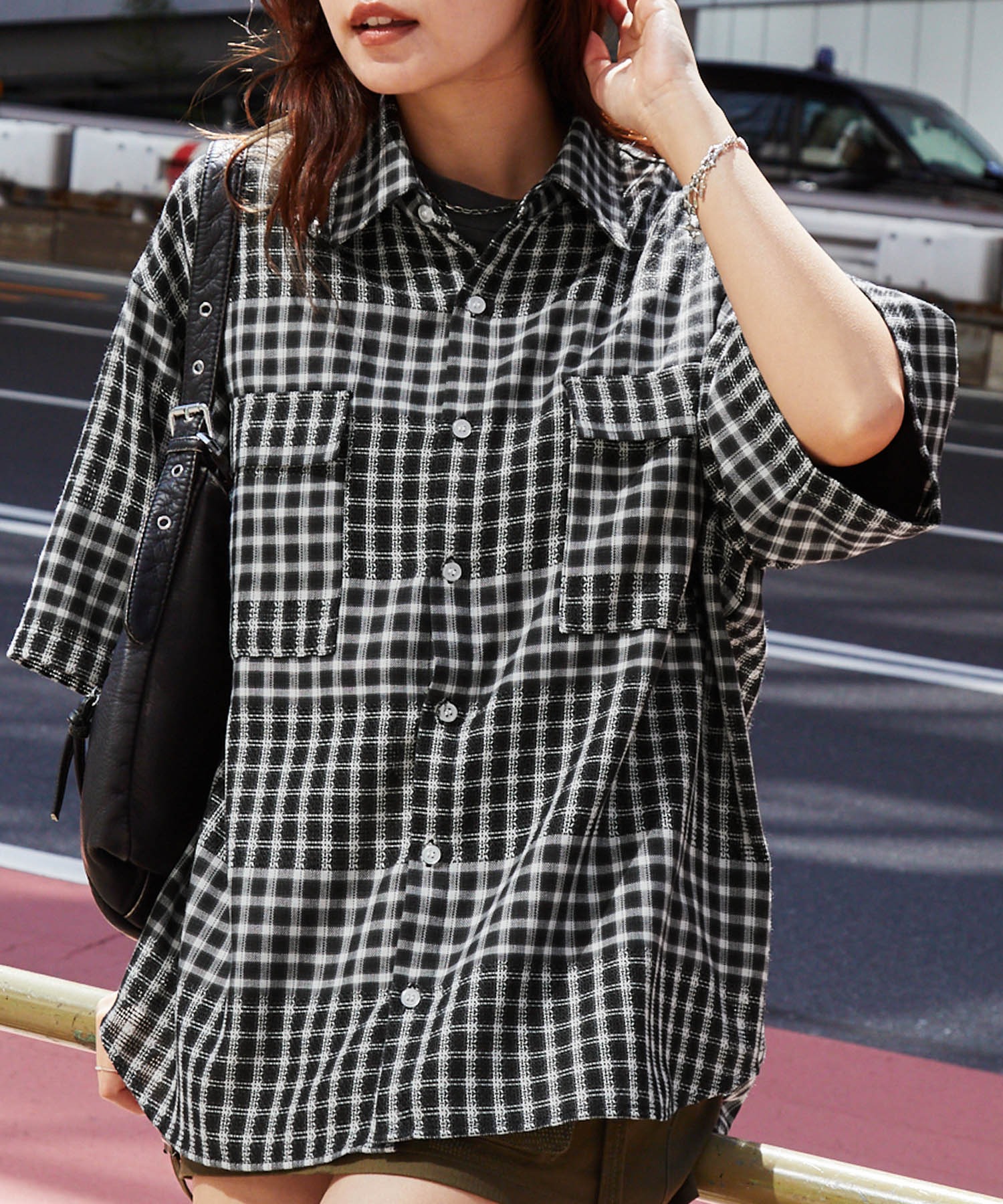 配色メッシュ レギュラーカラーチェック半袖シャツ MONO-MART│MONO