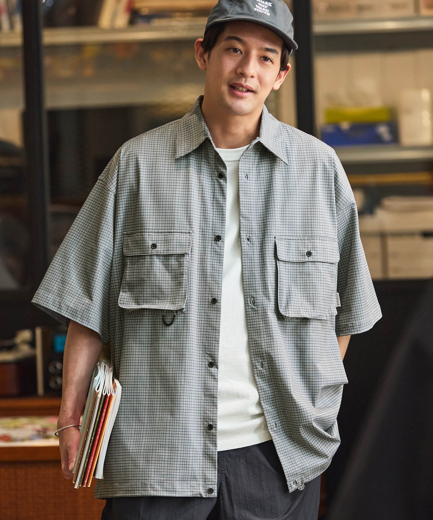 テックファブリック ドローコード ビッグシルエット 半袖サファリ