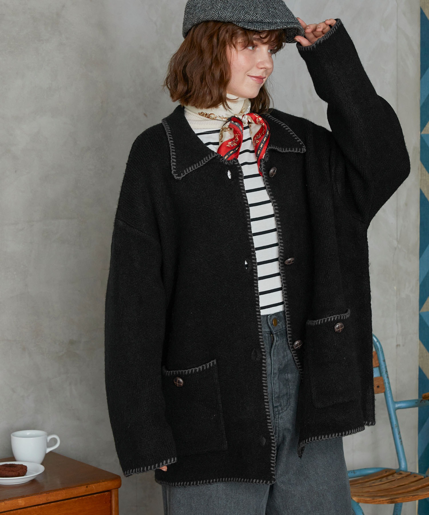 ブランケットステッチ襟付きニットジャケット/カーディガン MONO-MART