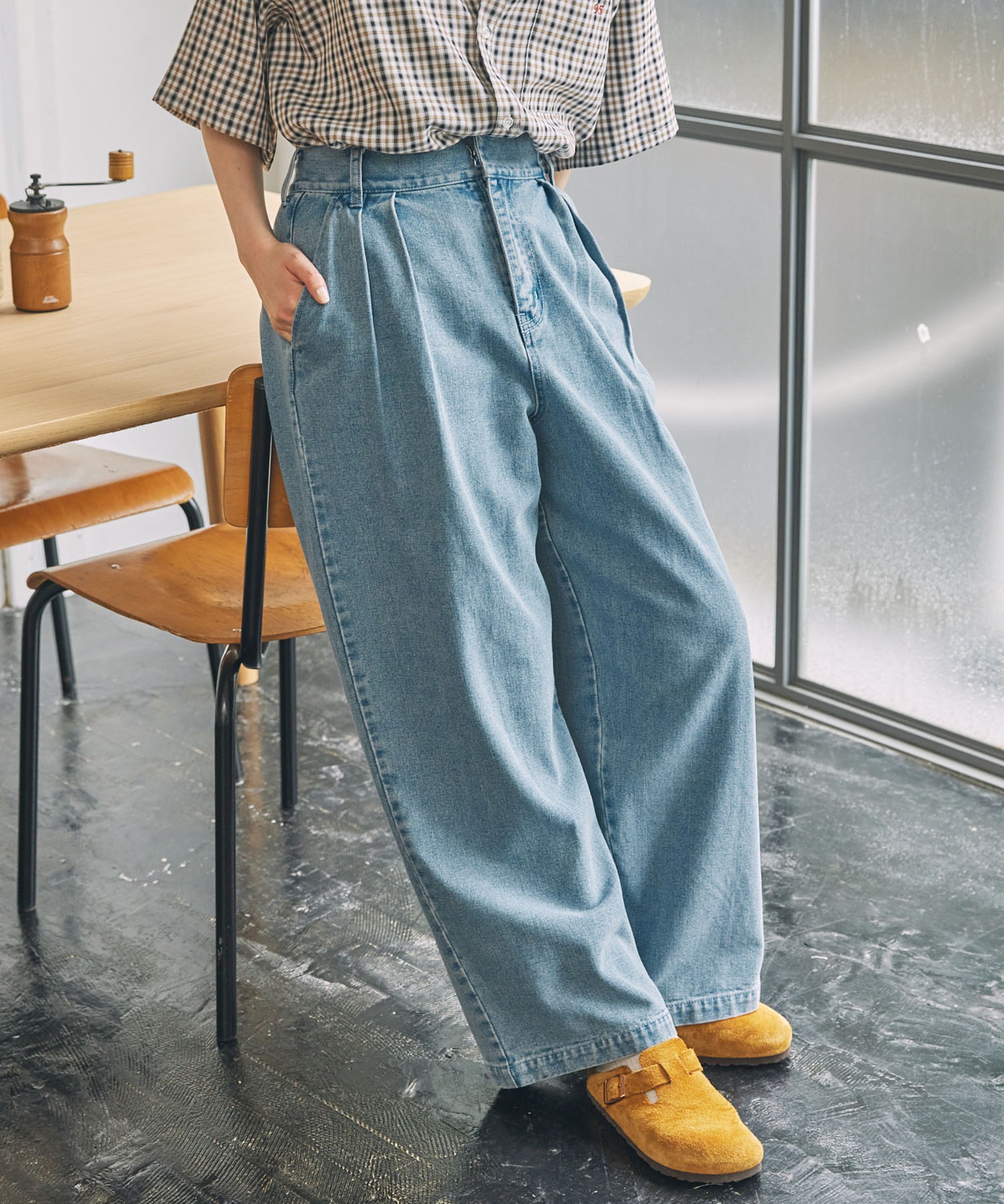 ハイウエスト タック ワイド ストレート デニムパンツ MONO-MART