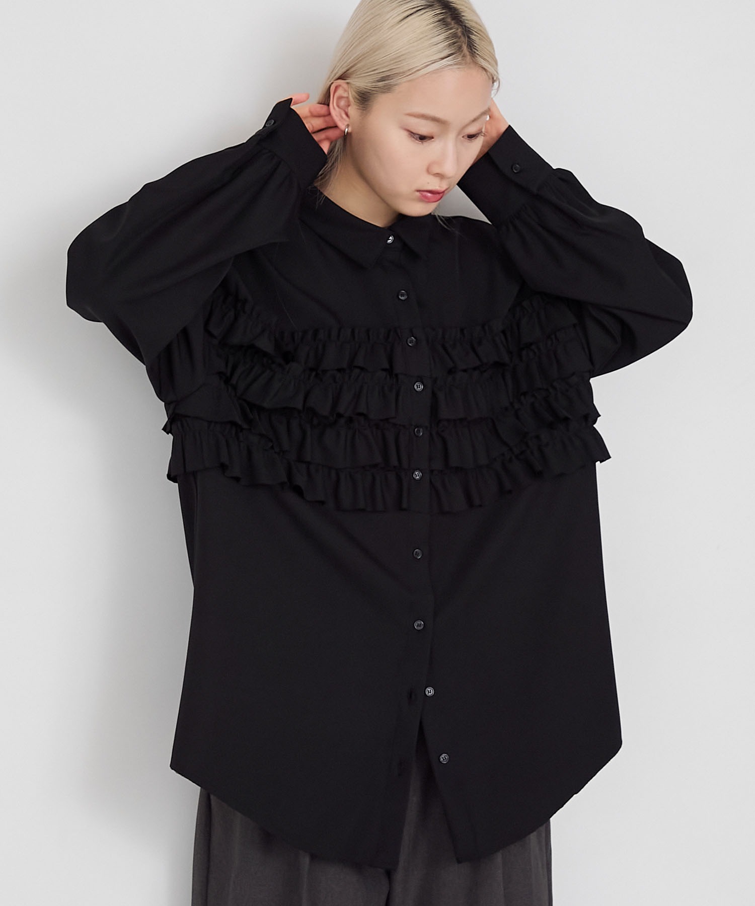 forksy.】ビスチェ風デザインフリルオーバーサイズネルシャツ forksy