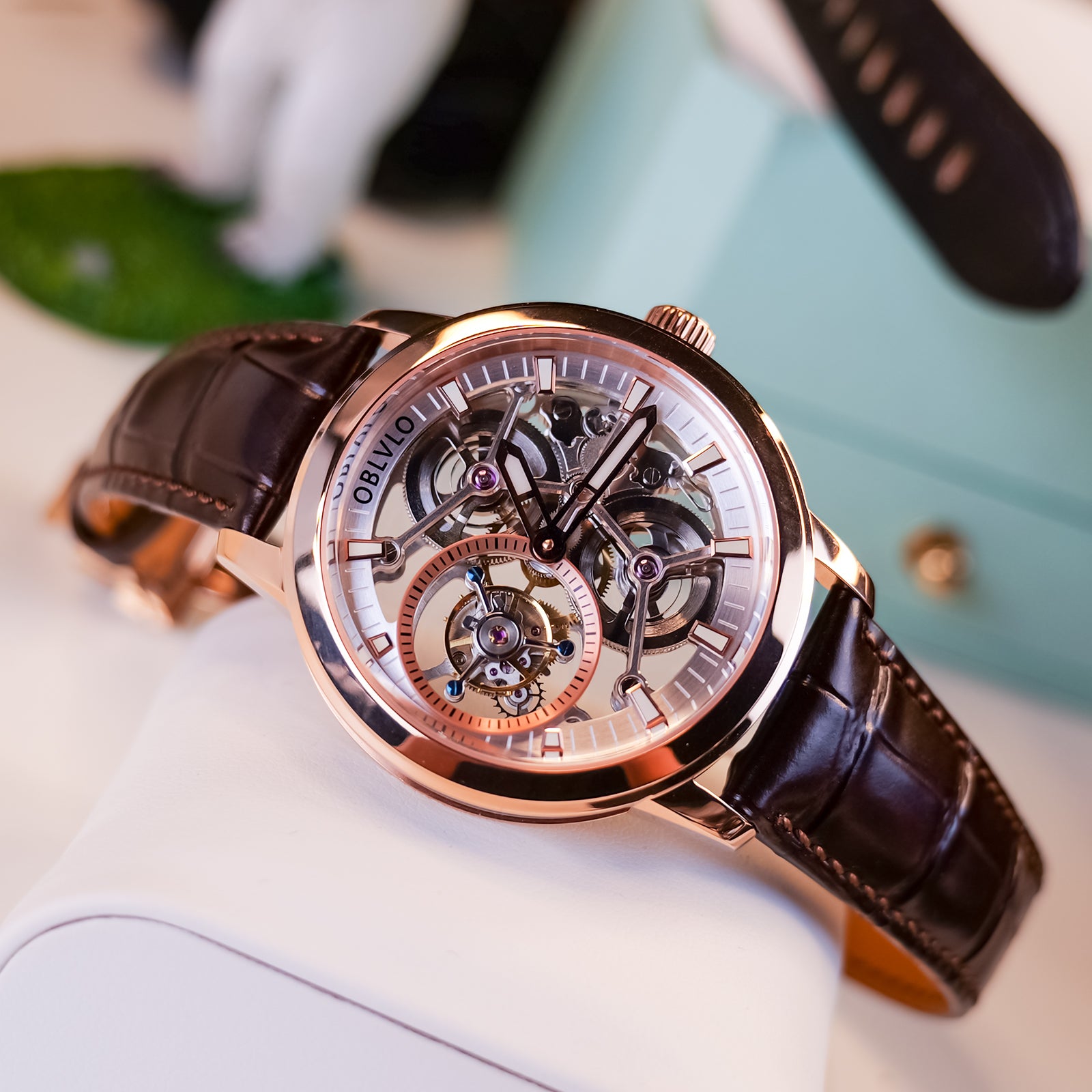 Affordable Luxury Mens Skeleton Tourbillon Rose Gold Watch - Oblvlo VM