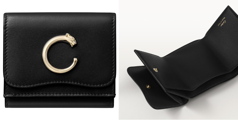 カルティエの日本限定三つ折り財布、ブラック＆チェリーレッドのカラー