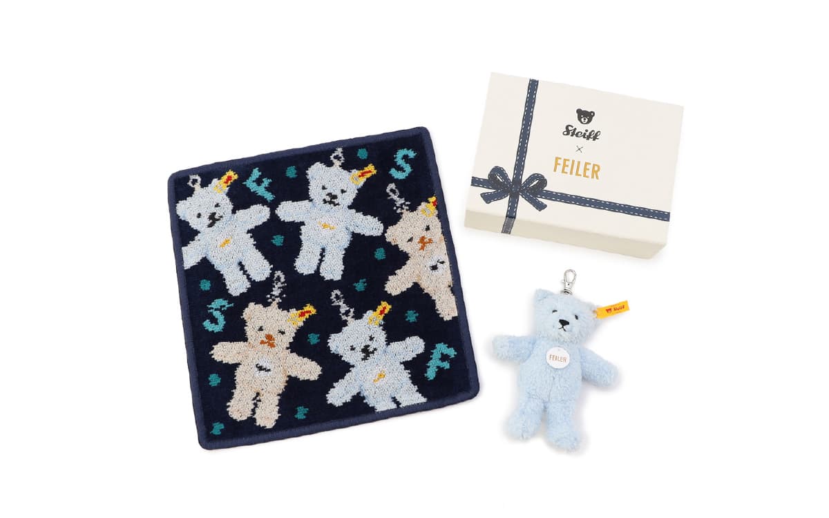 シュタイフ×フェイラー】テディベアのキーリングとハンカチのセットを