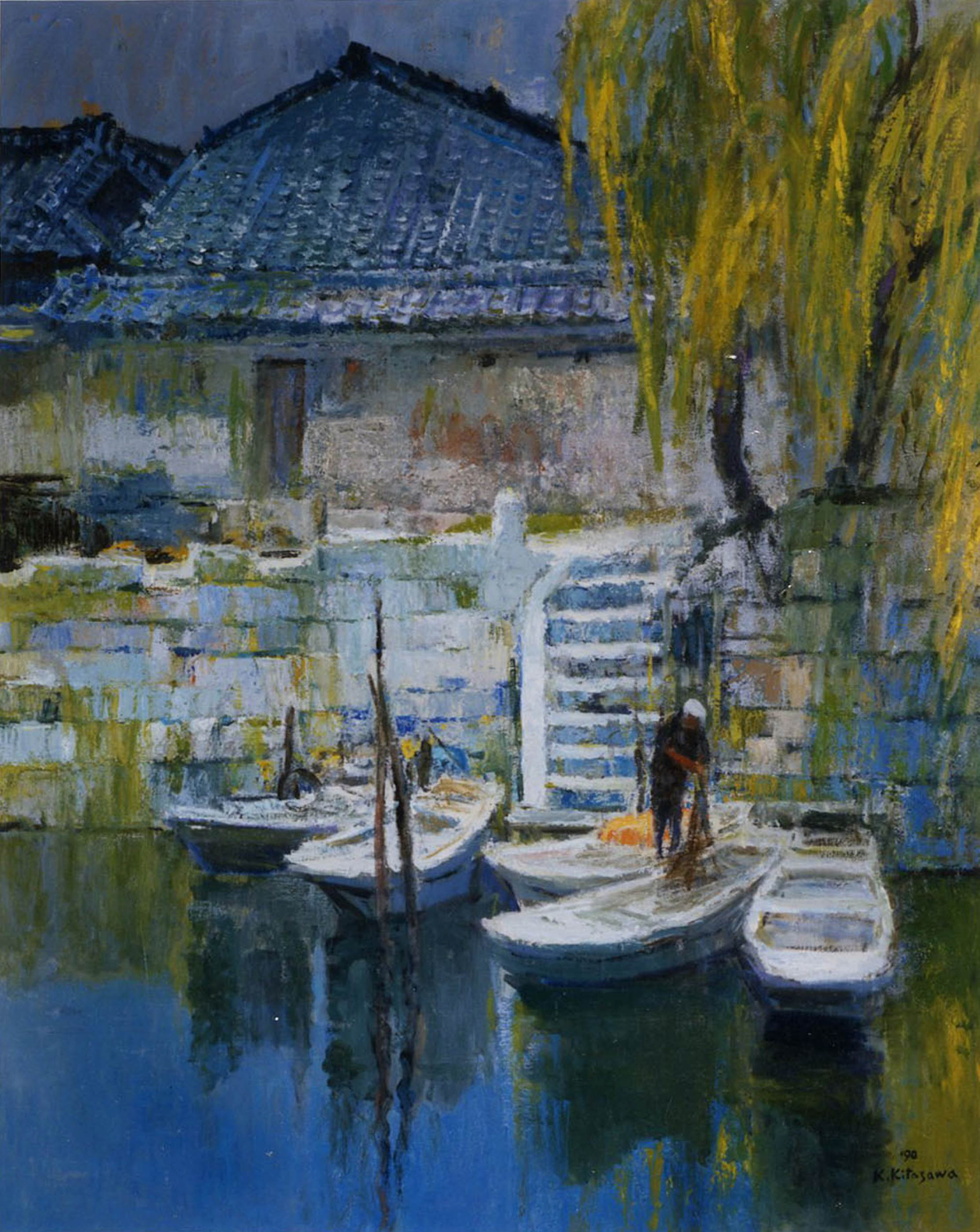 北沢計「水ぬるむ頃」佐原、水郷の画家 日展会友 デパート個展 北沢計