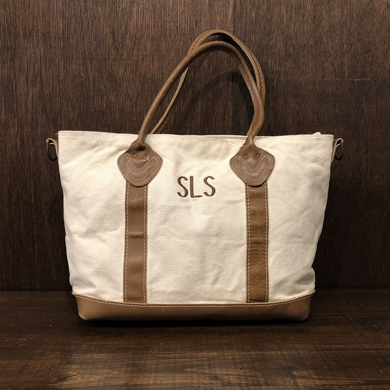 L.L. Bean Canvas & Brown Leather Handle Boat and Tote Bag Medium