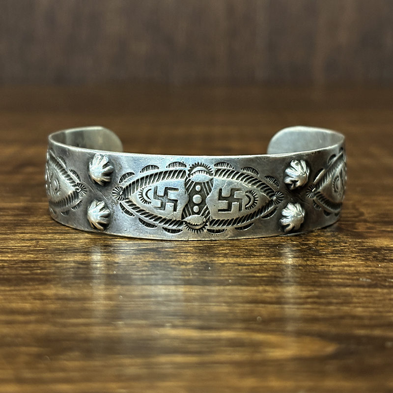 Vintage Navajo Fred Harvey Silver Cuff bracelet Bangle Swastica