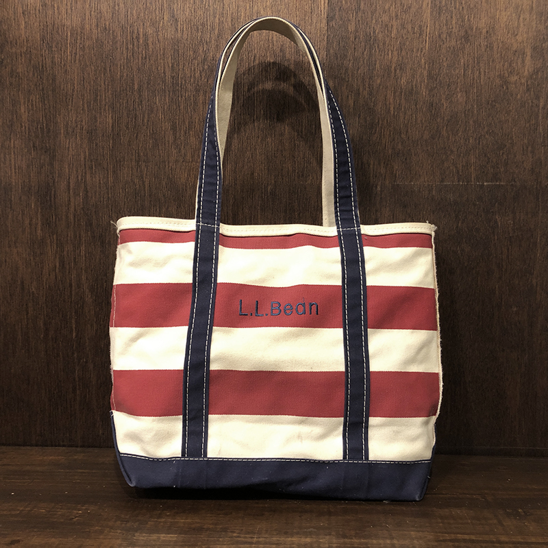 LL Bean Boat and Tote Red Ivory Border Canvas Navy Handle Color