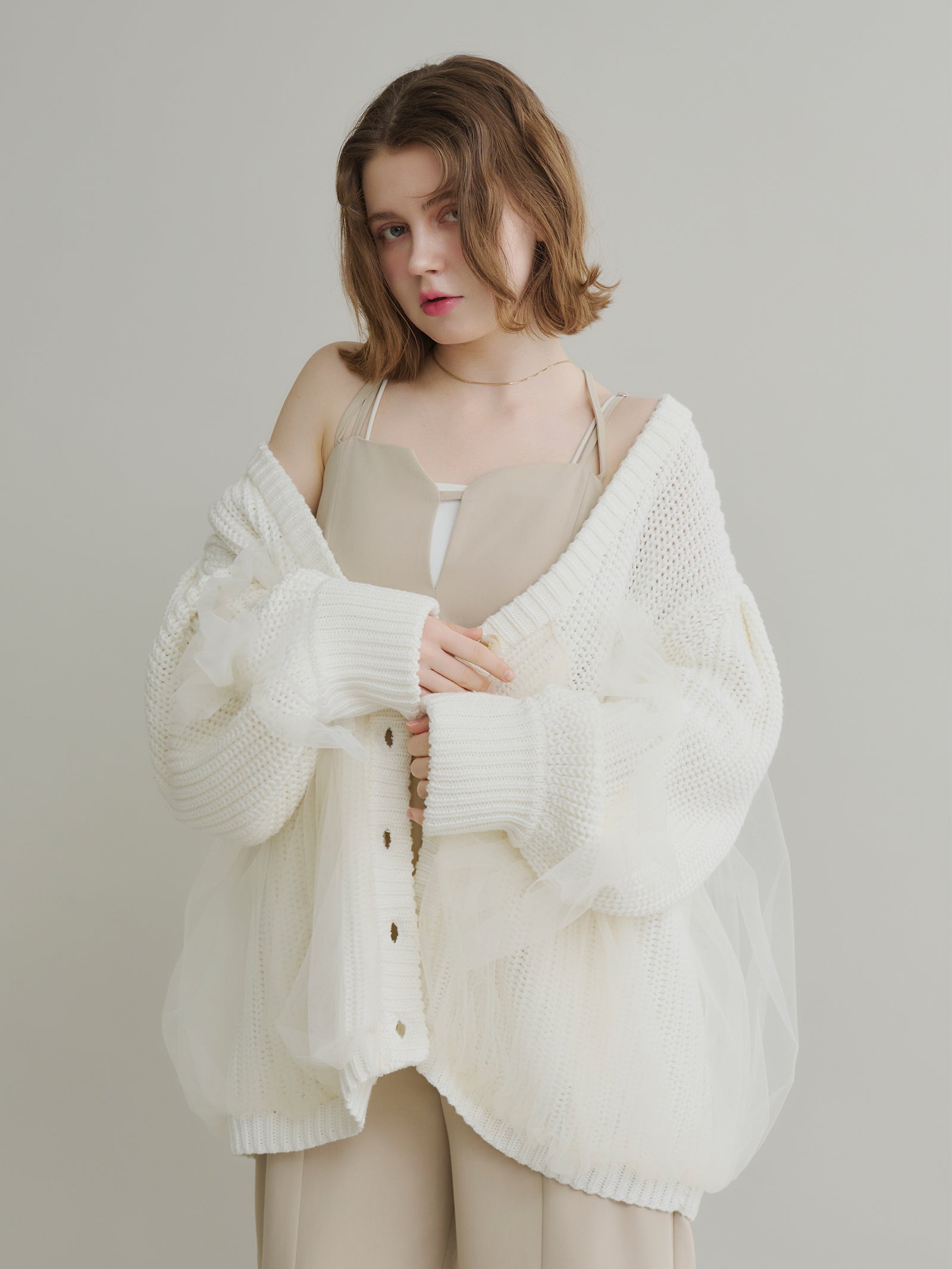 2wayチュールドッキングオーバーサイズカーディガン