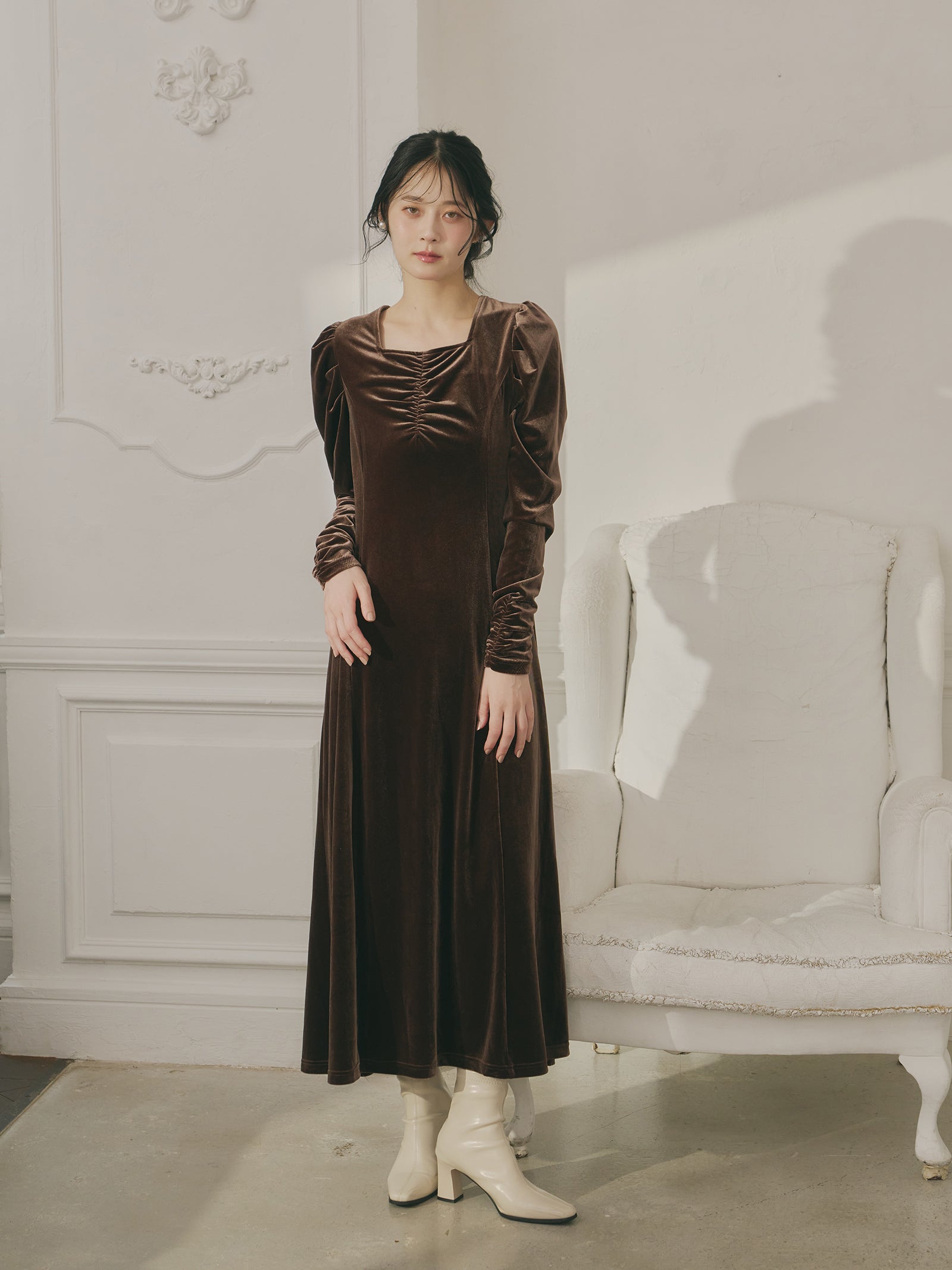 フロントギャザーベロアワンピース
