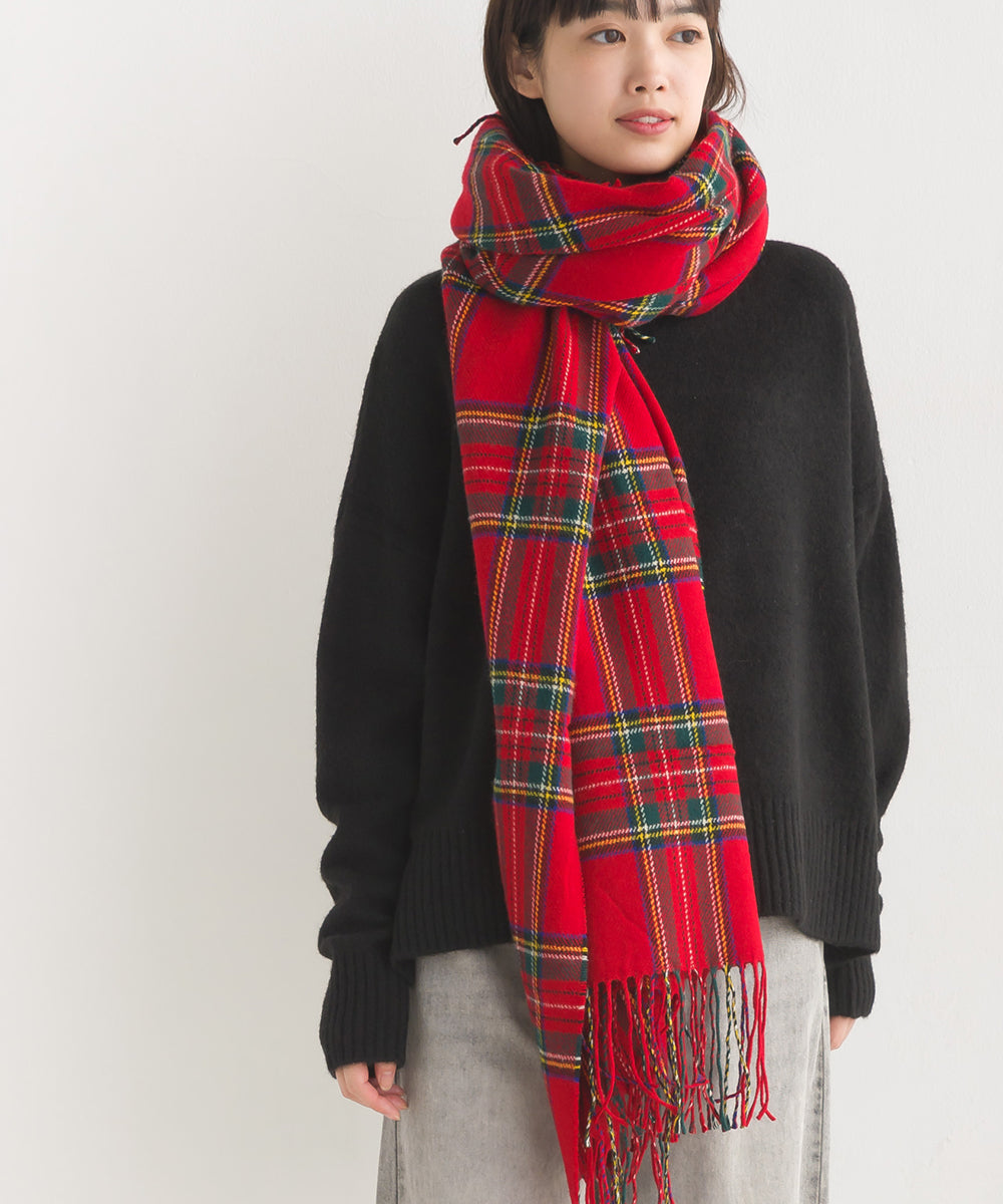 OMNES】ウール混大判チェック フリンジストール【1519-0010】