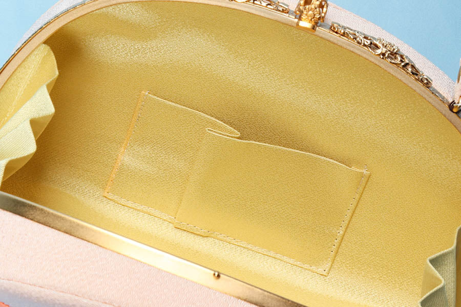 半円型 花丸刺繍 バッグ ピンク 縮緬 和服 大原商店 着物 フォーマル