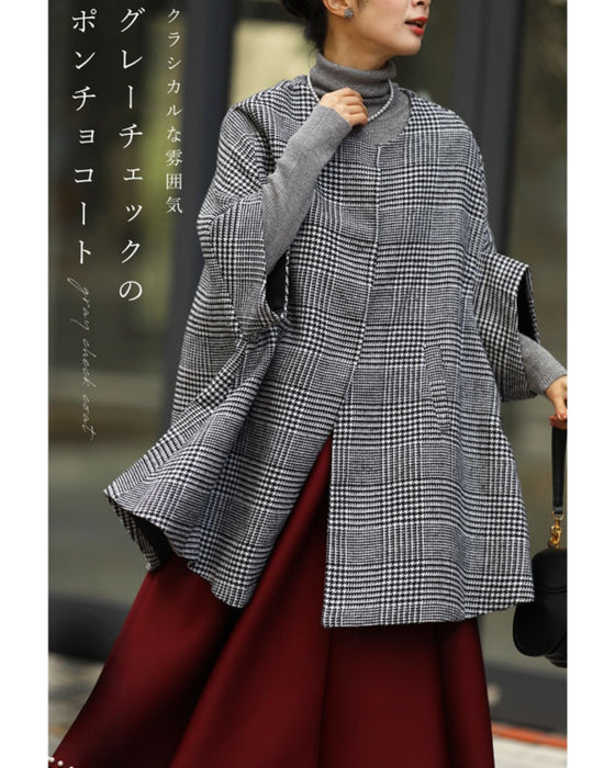 クラシカルな雰囲気を纏う品格グレーチェックのポンチョコート – ONE