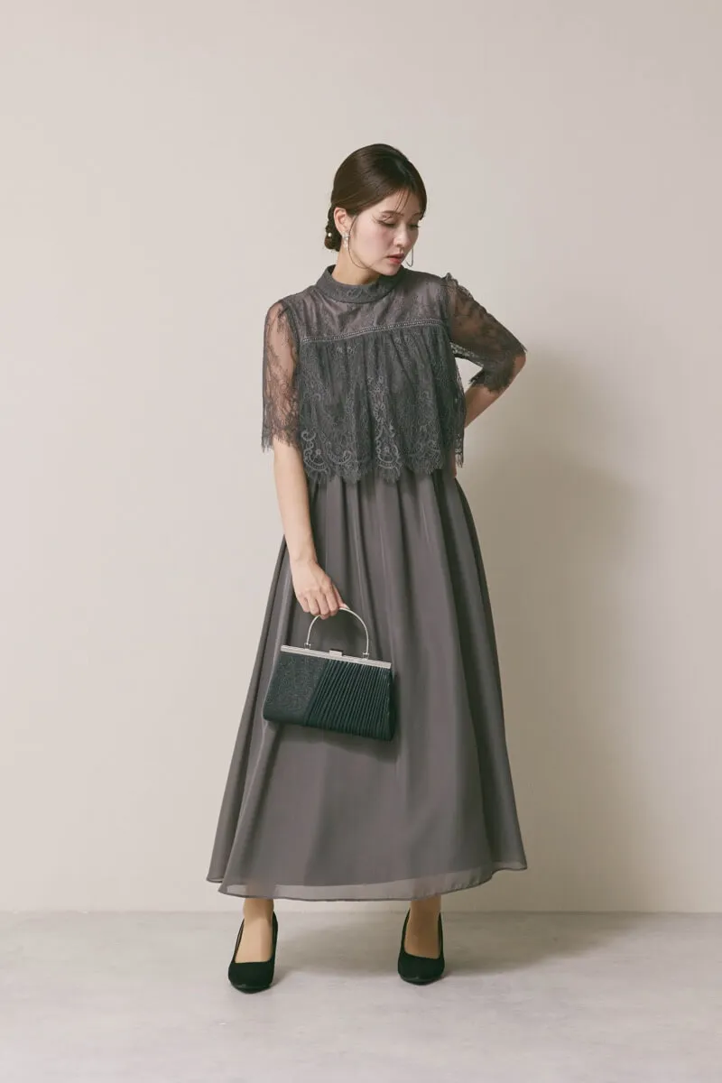 チャコールグレーの授乳口付ハイネックレースドレス[M,マタニティ