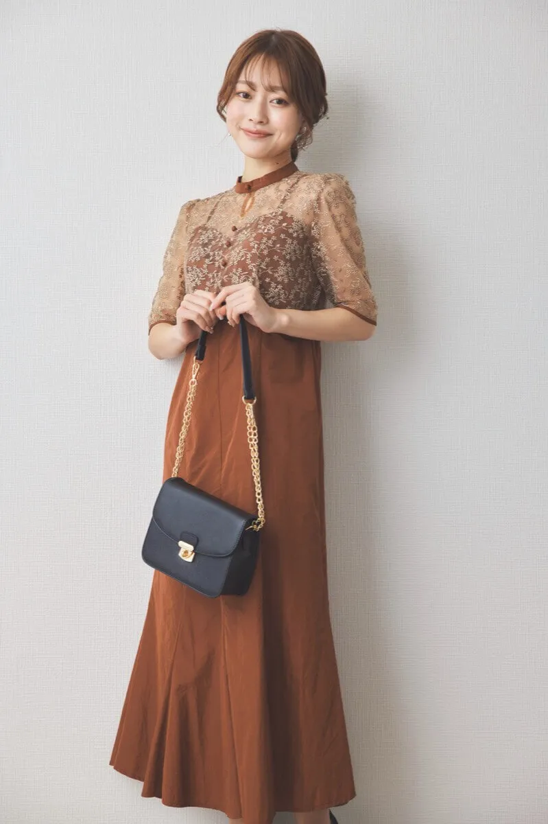 ブラウンの花柄レースマーメイドフレアドレス[M] Lejaのレンタル｜11