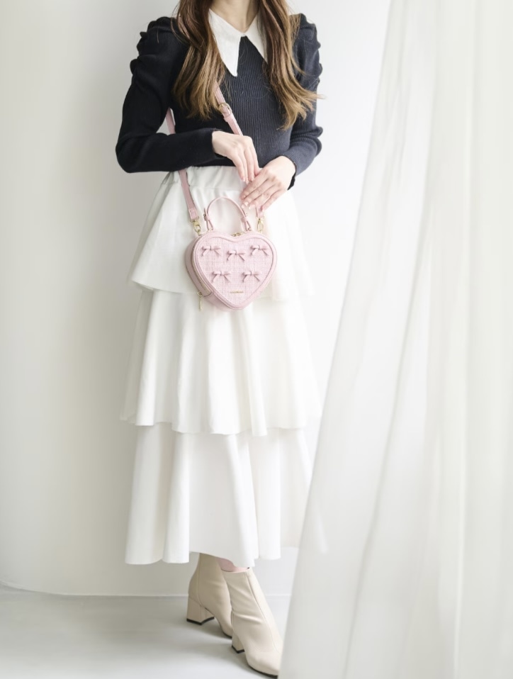 ツイードリボンハート型ショルダーバッグ【ピンク】(ピンク