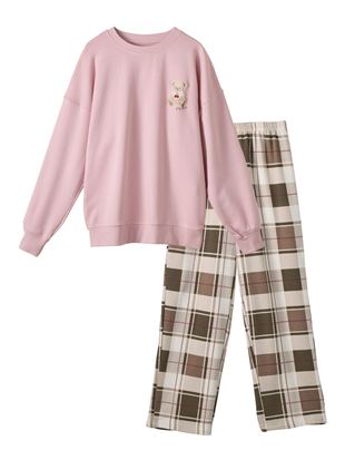 温度調整]裏毛くまサガラ刺繍チェックボトム長袖パジャマ: ルーム