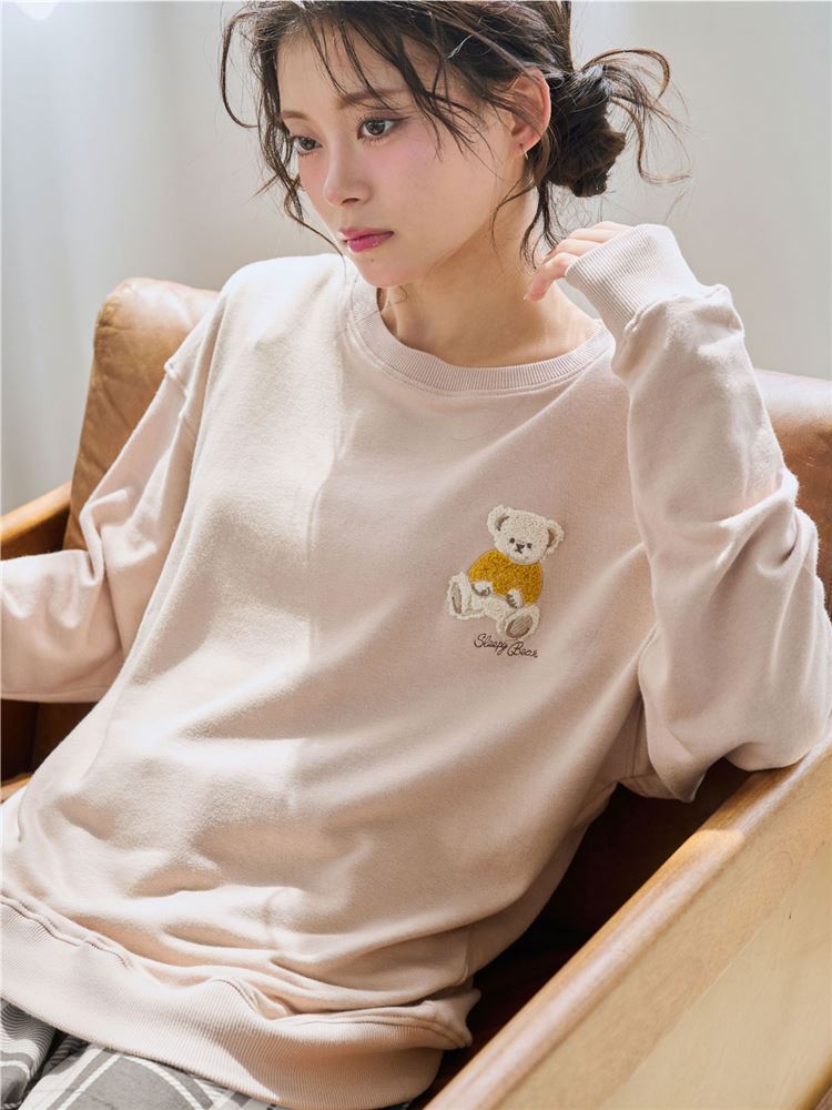 温度調整]裏毛くまサガラ刺繍チェックボトム長袖パジャマ: ルーム