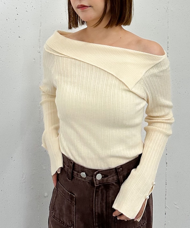 アシメオフショルランダムリブニットプルオーバー(M GRAY): トップス