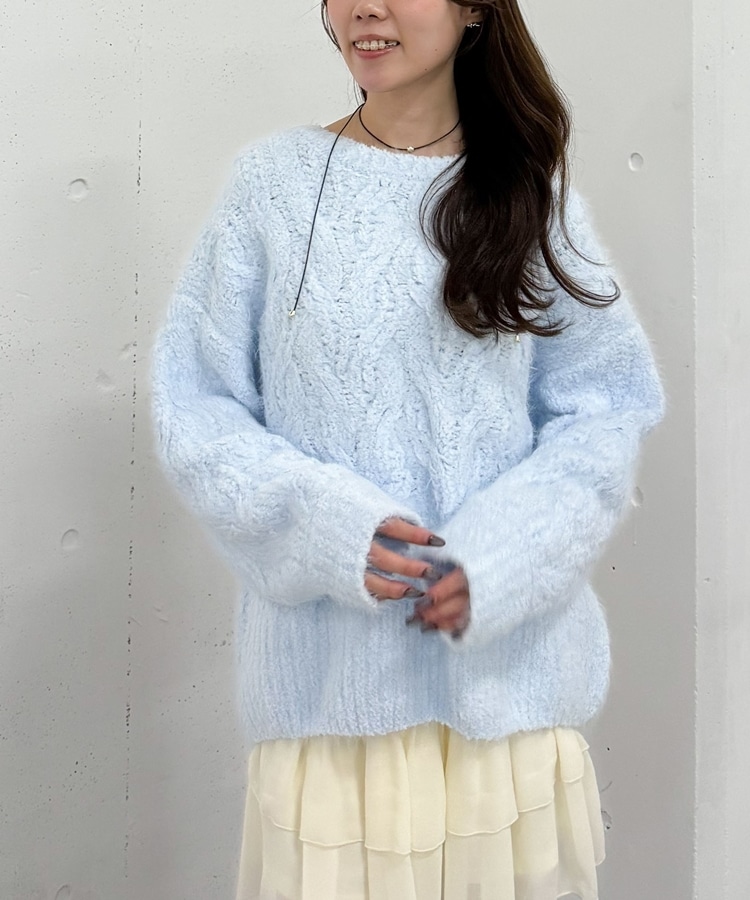 新色追加】フェザーモールケーブルニットプルオーバー(M BLUE