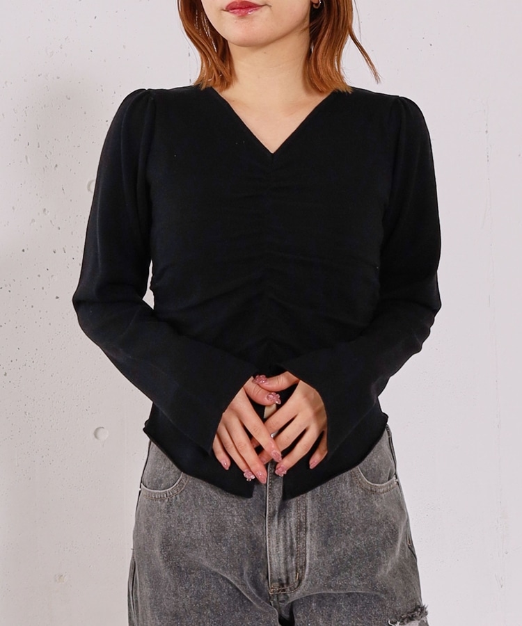 高機能】フロントギャザーVネックニットプルオーバー(M BLUE