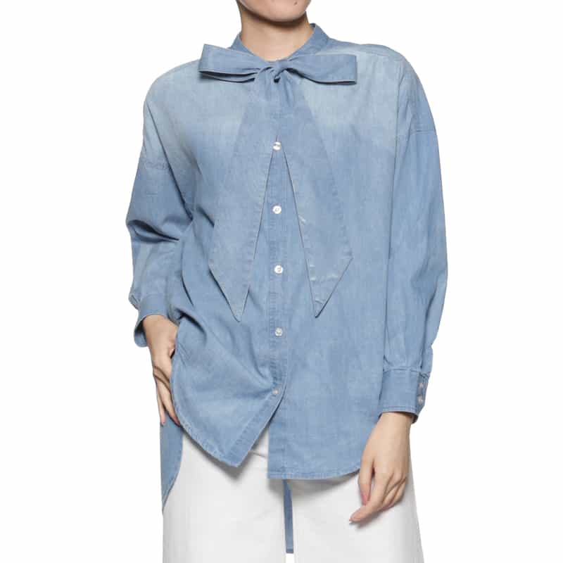 ウォッシャブル ボウタイ付きダンガリーデニムシャツ（2240629