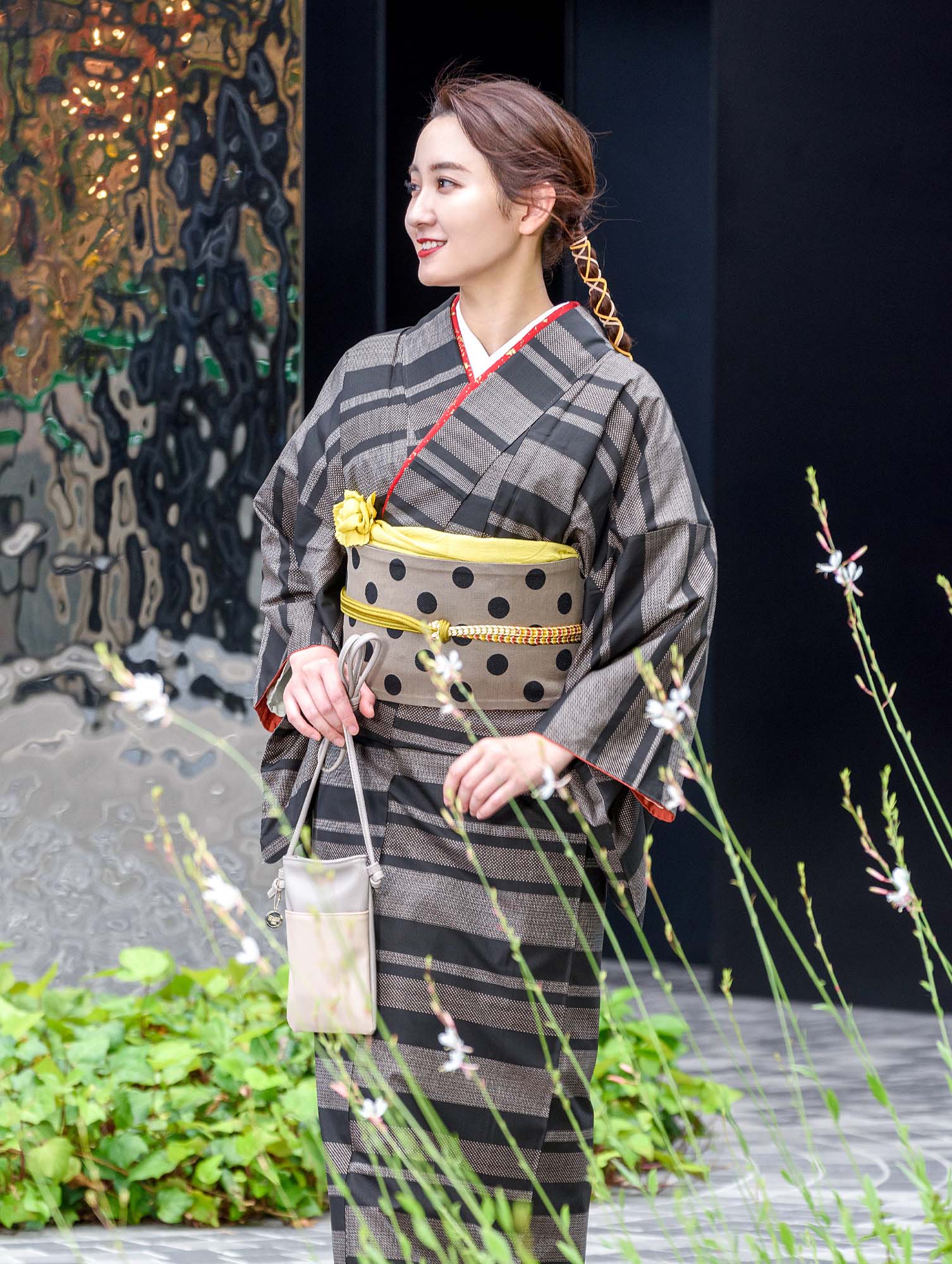 大島紬 小紋 泥染 縦縞 葉影 リーフ模様 着物 015b p 6万円均一】【幻