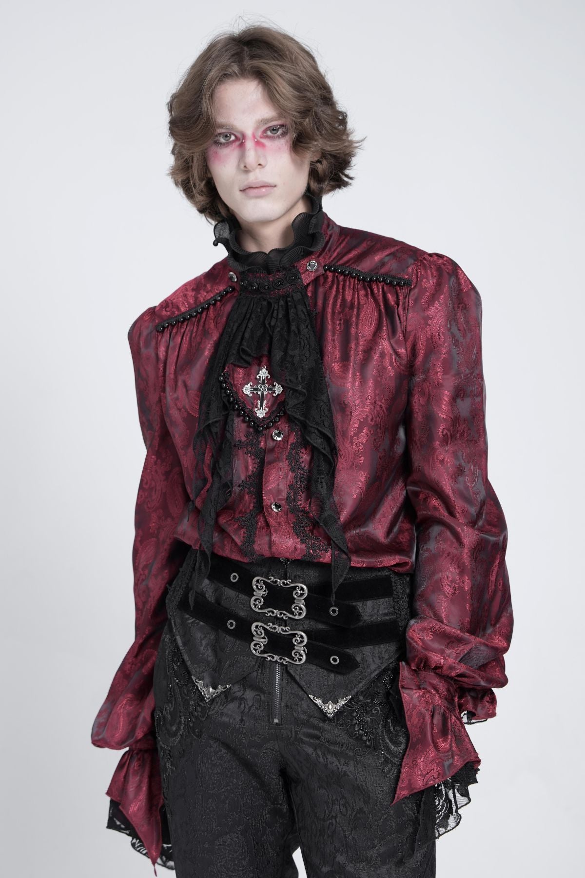 Victorian Gothic Red Jacquard Ruffle Shirt - Devil Fashion SHT140