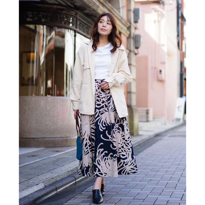 花柄 ギャザースカート ＜乱菊/濃紺＞ | 京友禅アロハシャツ【Pagong