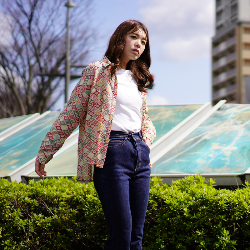 和柄 綿シフォンブラウス ＜七宝/赤緑＞ | 京友禅アロハシャツ【Pagong