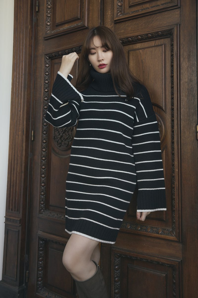 Striped Turtleneck Mini Knit Dress// 細めピッチのボーダーが 品良く