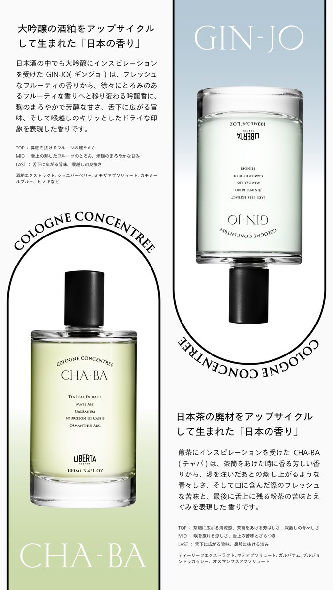 サロンドパルファンで先行発売するコロンコンサントレは、CHA-BAとGIN