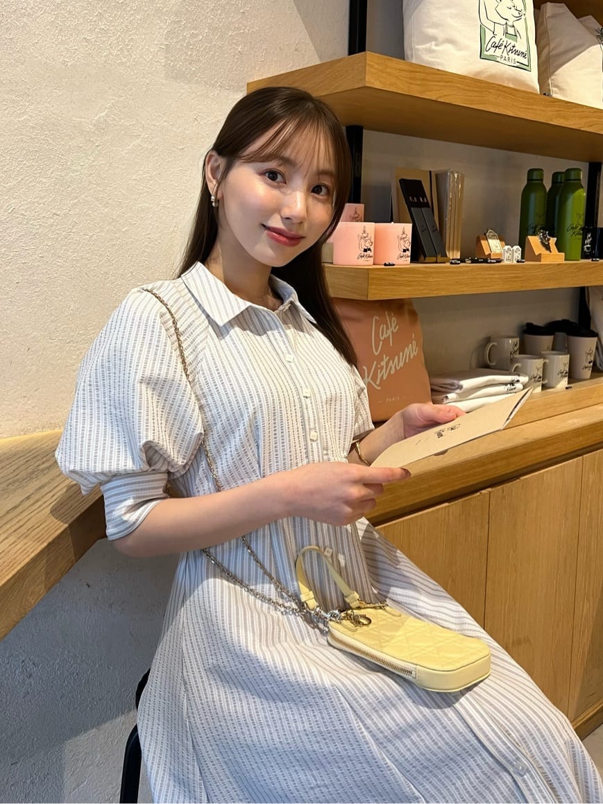 🏷Volume Sleeve Stripe Dress - taupe - イエローカラーの私物を