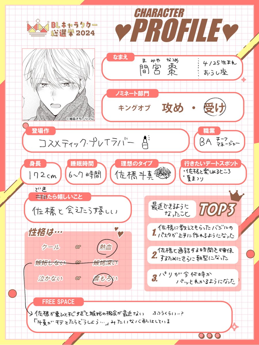 リクエストいただいていたプロフィール書きました🫶 #BLキャラ総選挙2024