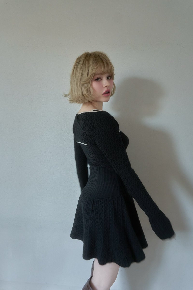 Nana cable flare mini dress color beige/black ¥17600-tax in 配色の