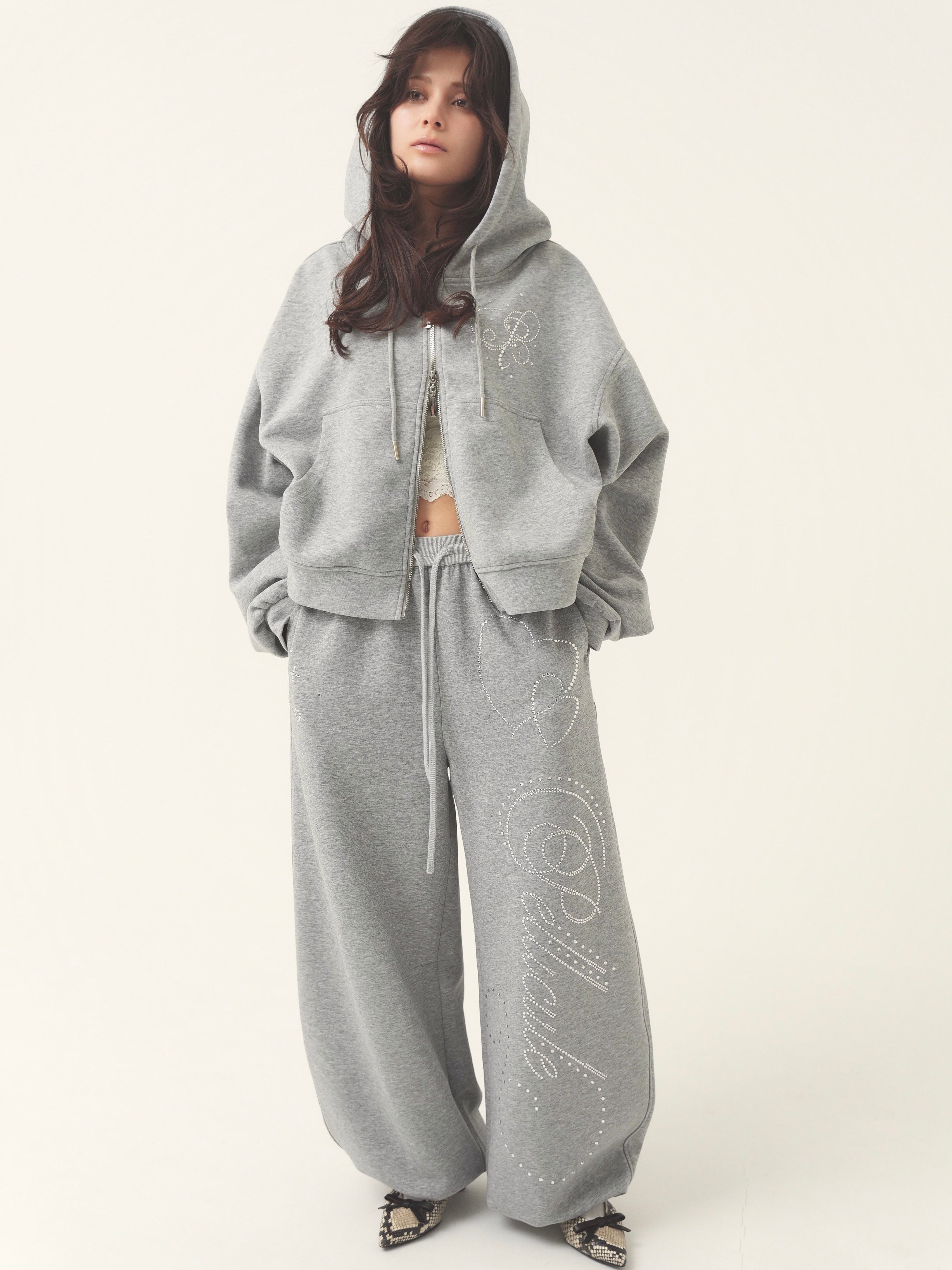 予約 black・babypink】stone-deco sweat pants｜PELLICULE | ぺリキュール