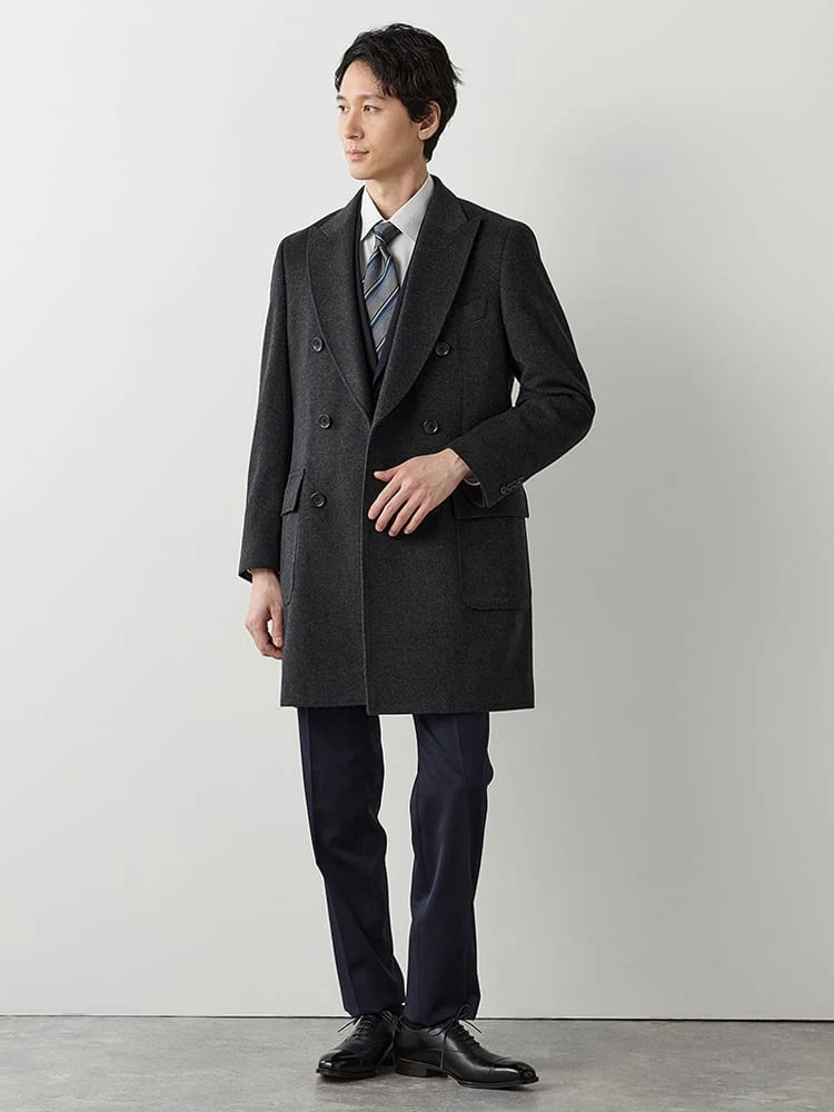 ウール100% ダブルブレスト チェスターコート グレー/ワイン/ベージュ